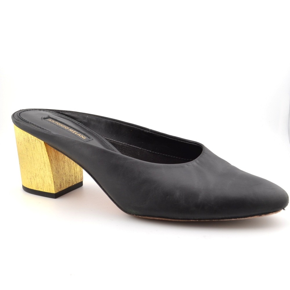 Antonio Melani Leather Mule Heels Office Evening Fall Black Gold Slip On 8.5 - Picture 3 of 9